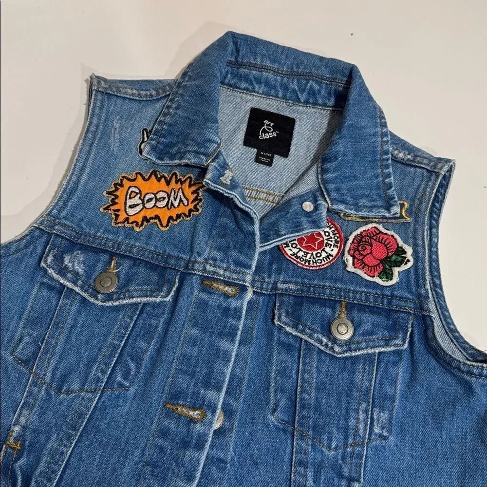 Art Class Blue Denim Vest with Vibrant Patches